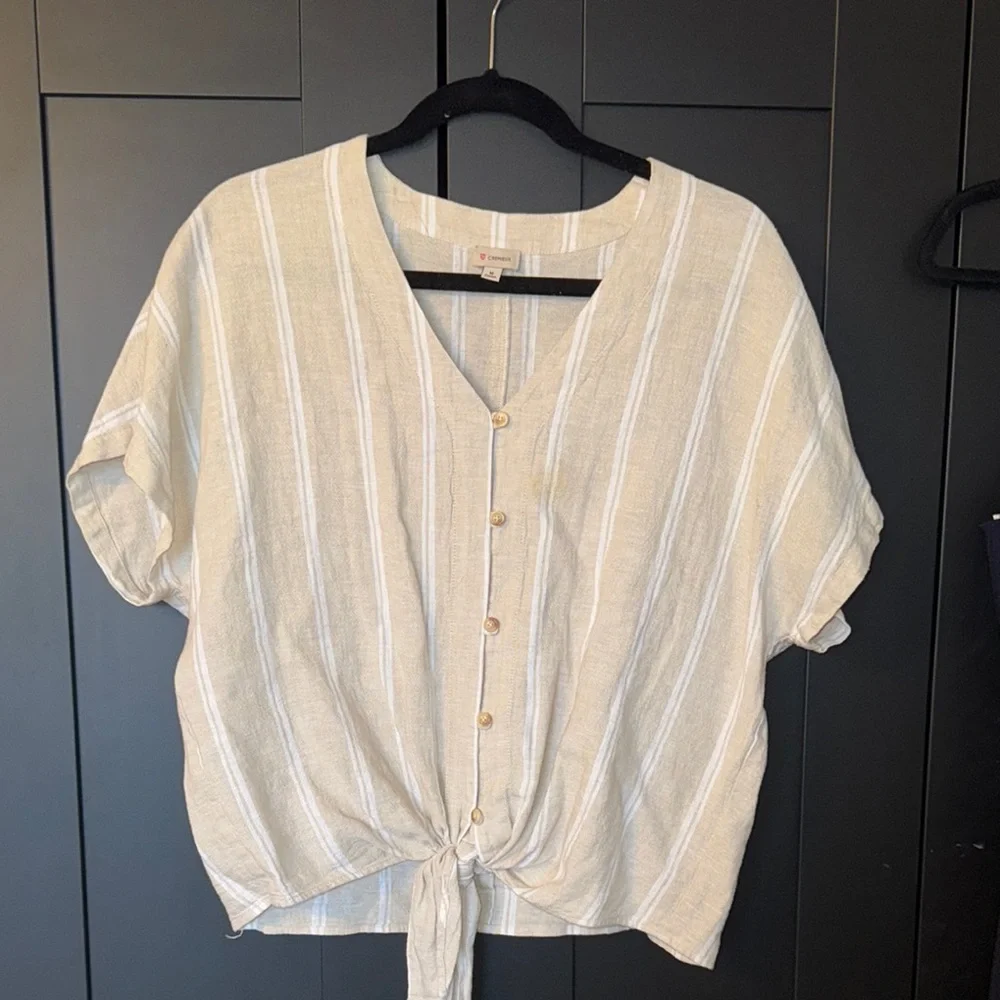 Cremieux Striped Beige Button-Down Top - Picture 1 of 3